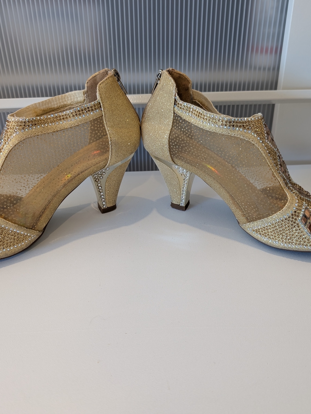 Gold Embellished Peep-Toe Women's Heels - Picture 5 of 8